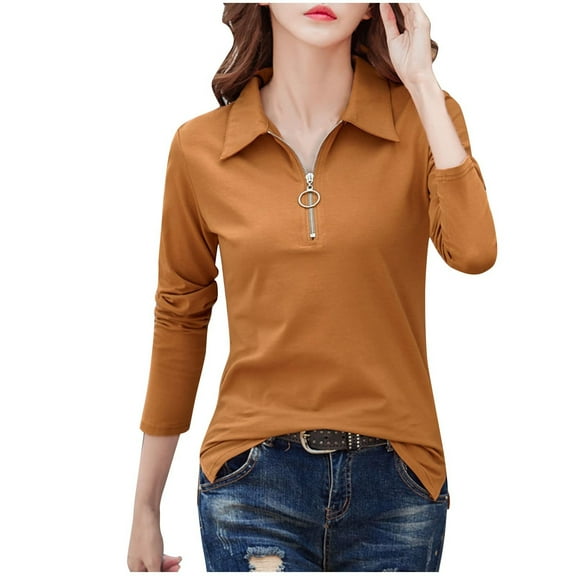 XuJwPNcy Women's Long Sleeve T Shirt Collared V Neck Shirts Work Blouses Zipper Shirts Fall Tops