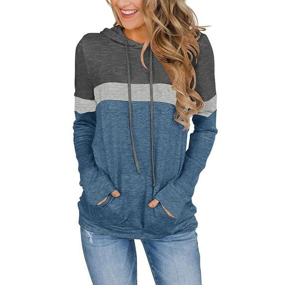 XuJwPNcy Women's Long Sleeves Color Block Hoodie Tops Cute Casual Drawstring Loose Lightweight Tunic Pullover with Pocket