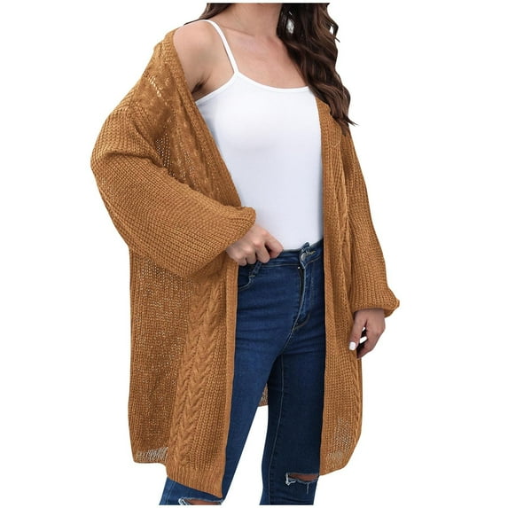 cfhntfmh Women's Long Sweaters Cardigan Open Front Long Sleeve Plus Size Knit Cardigans Trendy Solid Fall Coat