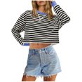 thumbnail image 1 of Yuzhih Women's Oversized Cropped Sweatshirts Long Sleeve Crew Neck Hooded Pullover Tops Fall Striped Printed Tops, 1 of 5