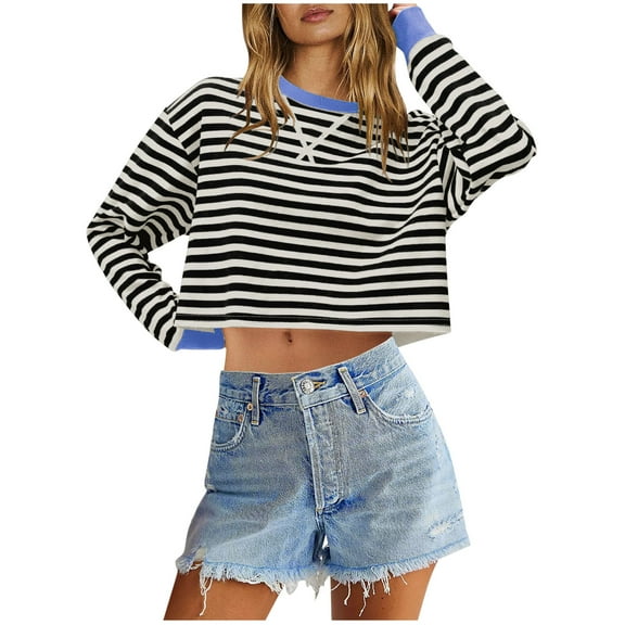 XuJwPNcy Women's Oversized Cropped Sweatshirts Long Sleeve Crew Neck Hooded Pullover Tops Fall Striped Printed Tops