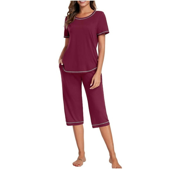 XuJwPNcy Women's Pajamas Set Comfy V Neck Sleepwear Short Sleeve Top with Capri Pants Pjs Sets Soft Loungewear