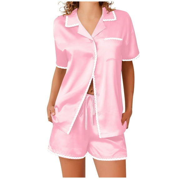 XuJwPNcy Women's Pajamas Set Silk Shirt and Shorts Button down Pj Sets Two Piece Satin Lounge Sets with Pockets