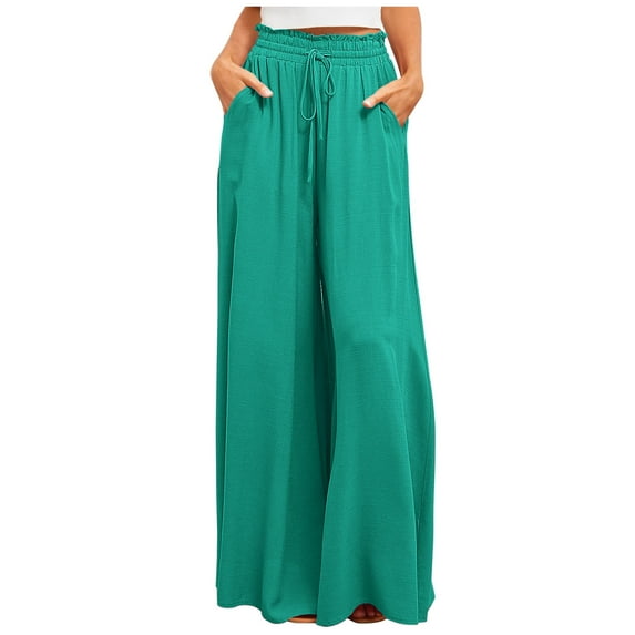 XuJwPNcy Women's Palazzo Pants Summer Wide Leg Flowy Beach Pants Drawstring High Waist Lounge Trousers
