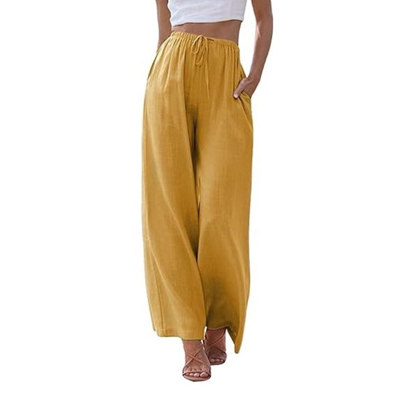 Yuzhih Women's Palazzo Pants Flowy Wide Leg Beach Trousers with Pockets Drawstring High Waisted Loose Comfy Trousers