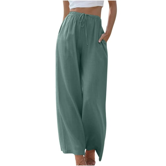 Yuzhih Women's Palazzo Pants Flowy Wide Leg Beach Trousers with Pockets Drawstring High Waisted Loose Comfy Trousers