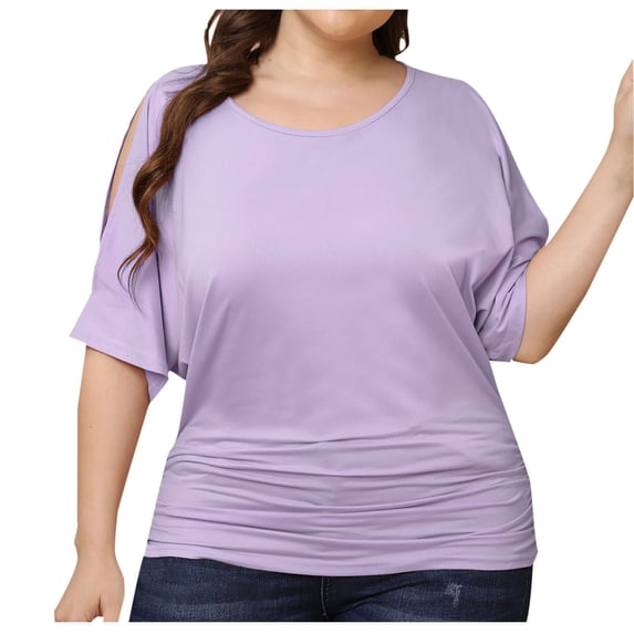 XuJwPNcy Women's Plus Size Tops Solid Round Neck Pleated Irregular Short Sleeve Casual T-Shirts Baggy Ruched Shirts