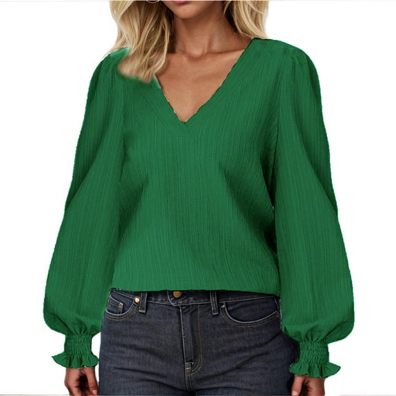 XuJwPNcy Women's Puff Long Sleeve Shirts Casual Baggy V Neck Blouses Tops Lightweight Fall Textured Tops