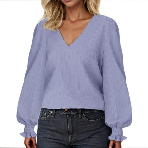 XuJwPNcy Women's Puff Long Sleeve Shirts Casual Baggy V Neck Blouses Tops Lightweight Fall Textured Tops