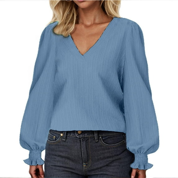 Yuzhih Women's Puff Long Sleeve Shirts Casual Baggy V Neck Blouses Tops Lightweight Fall Textured Tops