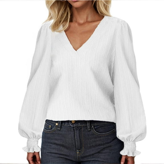 XuJwPNcy Women's Puff Long Sleeve Shirts Casual Baggy V Neck Blouses Tops Lightweight Fall Textured Tops