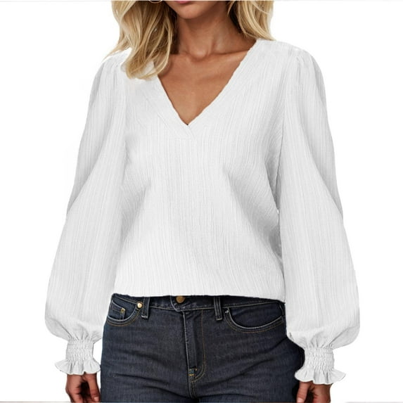 XuJwPNcy Women's Puff Long Sleeve Shirts Casual Baggy V Neck Blouses Tops Lightweight Fall Textured Tops