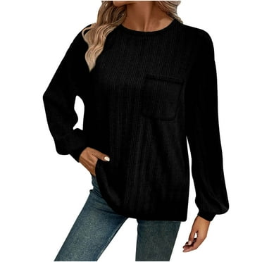 Yuzhih Women's Ribbed Sweater Crew Neck Long Sleeve Shirts 2025 Fall Loose Solid Knit Pullover with Pockets