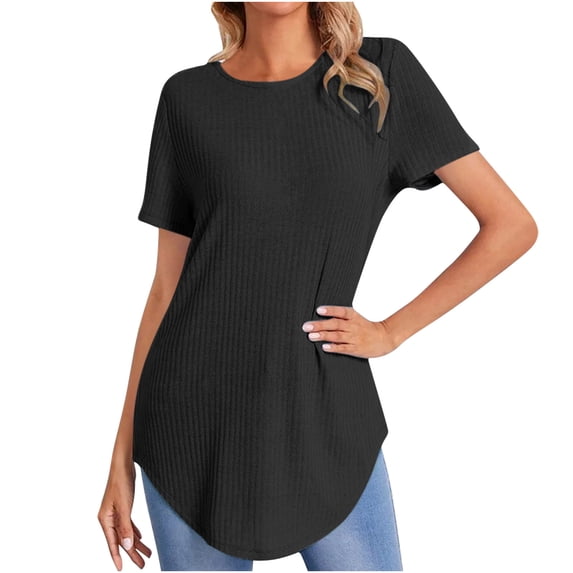 XuJwPNcy Women's Ribbed Tops Short Sleeve Casual Basic Summer Tees Solid Crew Neck Curvy Hem T Shirt