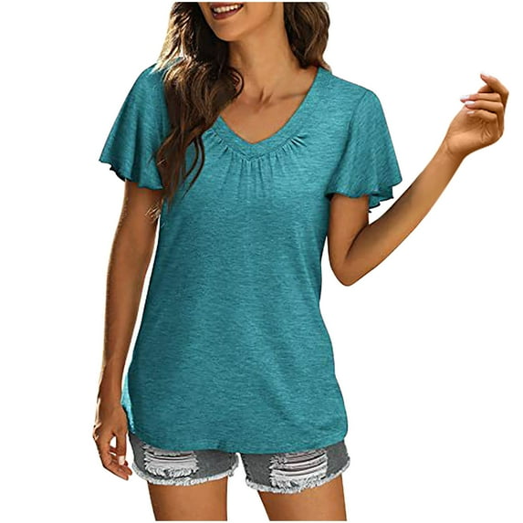 Yuzhih Women's Ruffle Short Sleeve Tops V Neck Solid Color Blouse Casual Summer Loose Pleated T-Shirts