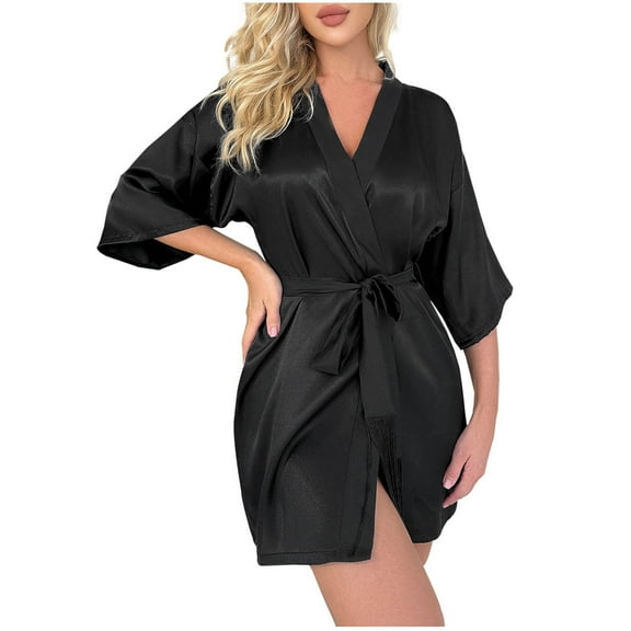 XuJwPNcy Women's Satin Robe Silk Bathrobe with Belt Wedding Guest Party Robes 3/4 Bell Sleeve Sleepwear