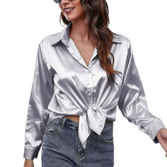 XuJwPNcy Women's Satin Silk Long Sleeve Button Down Collared Shirt Formal Work Blouse Top Casual Solid Shirts for Office Lady