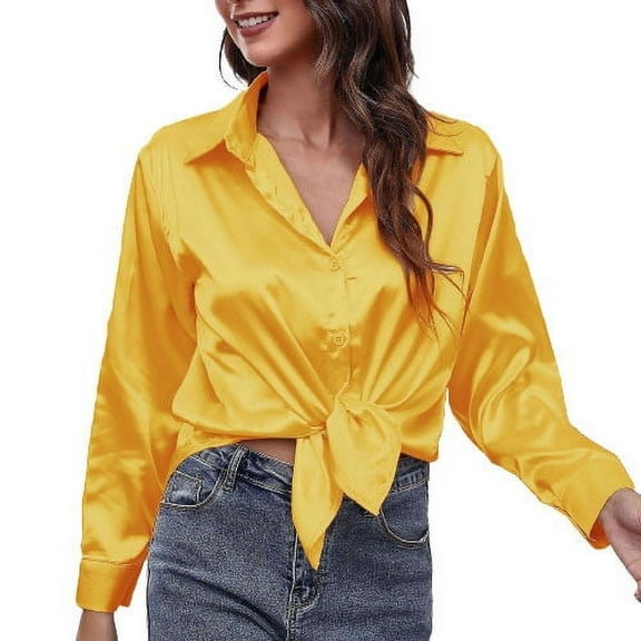 Women's Satin Silk Long Sleeve Button Down Collared Shirt Formal Work Blouse Top Casual Solid Shirts for Office Lady