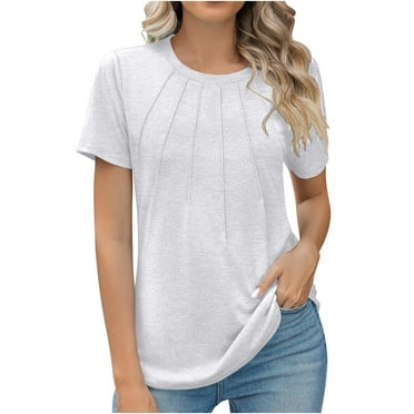 Yuzhih Women's Short Sleeve Tops Pleated Tees 2024 Casual Summer Blouses Round Neck Solid Color Shirts Tunic