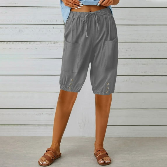 XuJwPNcy Women's Shorts Knee Length High Waist Drawstring Cinch Bottom with Button Loose Casual Shorts with Pockets