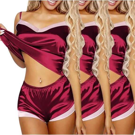 XuJwPNcy Women's Silk Pjs Sets Soft Comfy V Neck Cami with Shorts 3 Pack Satin Pajama Sets Loungewear