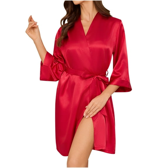 XuJwPNcy Women's Silk Robe Set V-Neck Half Sleeve 2 Piece Robes and Satin Bathrobe Set with Belt