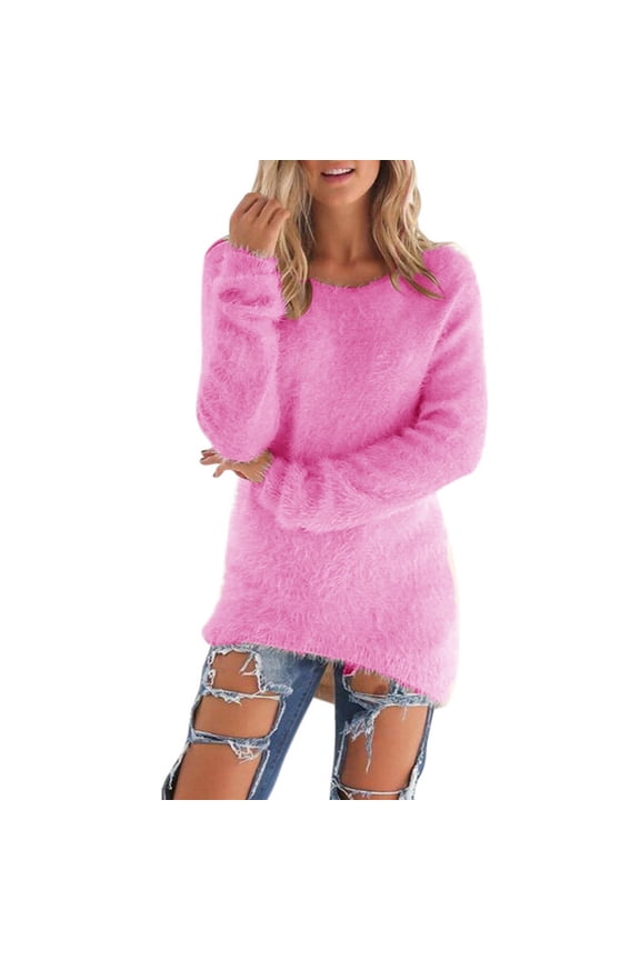 Women's Soft Fuzzy Sweater Oversized Cozy Pullover Top Long Sleeve Casual Crewneck Sweater Fall Winter