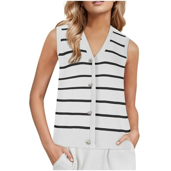 Yuzhih Women's Striped Sweater Vest Sleeveless V Neck Button down Sweaters Casual Tank Top Outfits