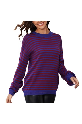 MakeMeChic Women's Striped Knit Sweater - Long Sleeve Crew Neck Pullover, Casual Tops