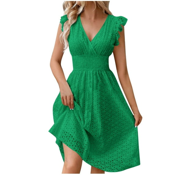 Yuzhih Women's Summer Dresses Casual Lace V Neck Ruffle Sleeve Romper Dress Hollow out Midi Dress 2024