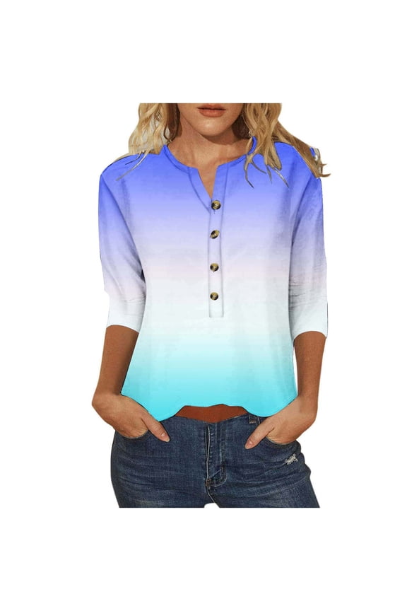 Women's Summer Tops 3/4 Sleeve Shirt Casual Loose Tunic T Shirts Round Neck Blouses Button down Tees
