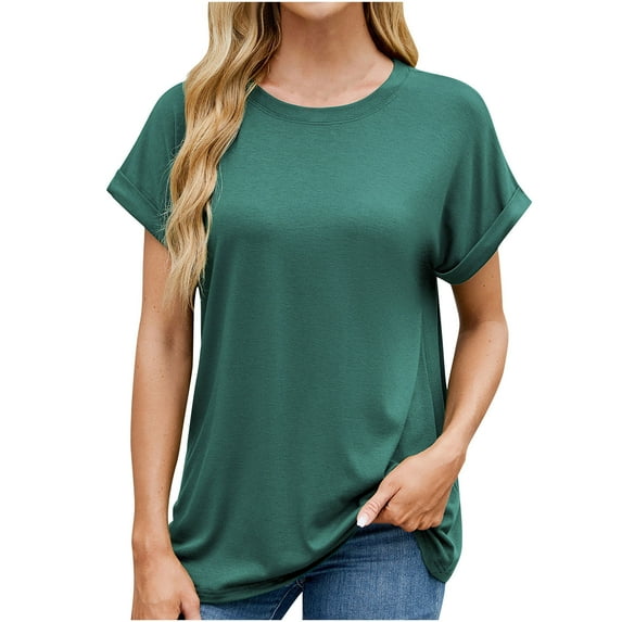 XuJwPNcy Women's T-Shirts Rolled Short Sleeve Shirts Crewneck Summer Tops Solid Loose Casual Tees Shirts