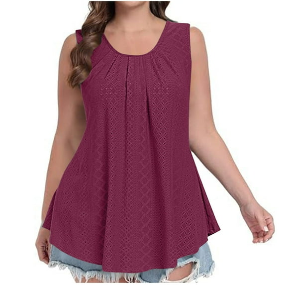 Yuzhih Women's Tank Tops Summer Fashion Cutout Pleated Tshirts Sleeveless Scoop Neck Casual Flowy Tops
