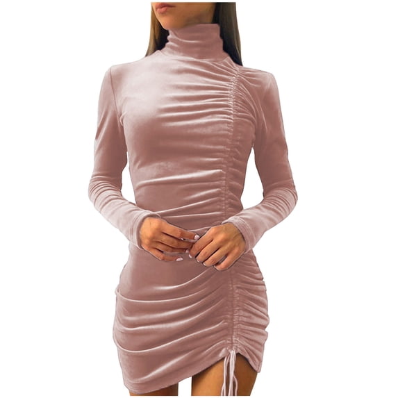 cfhntfmh Women's Turtleneck Velvet Mini Dress Slim Long Sleeve Elegant Drawstring Club Dress Ruched Bodycon