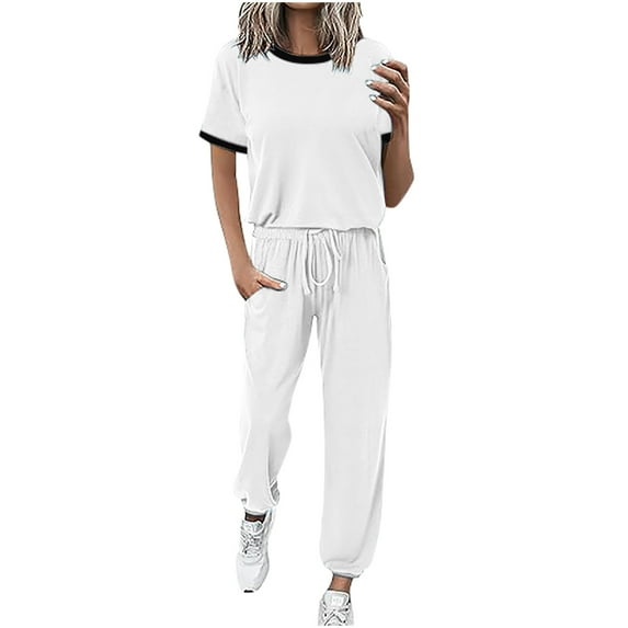 XuJwPNcy Women's Two Piece Outfits Casual Short Sleeve Pullover Tops and Drawstring Long Pants Tracksuit with Pockets