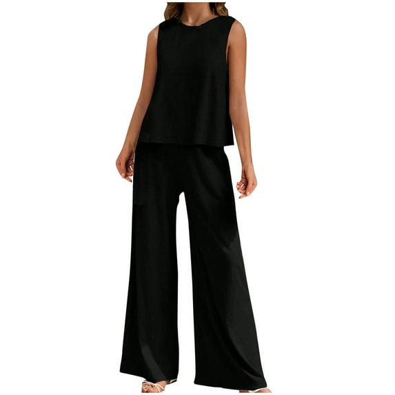 Yuzhih Women's Two Piece Outfits Crew Neck Sleeveless Tank Top with Wide Leg Pants Lounge Matching Sets