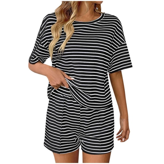 XuJwPNcy Women's Two Piece Pajama Set Striped Print Crew Neck Short Sleeve Tee with Stretchy Shorts Set Trendy Sleepwear