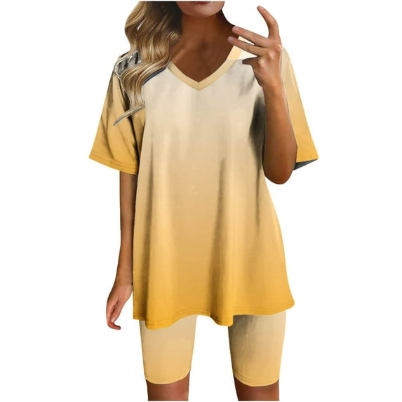 XuJwPNcy Women's Two Piece Sets V Neck Short Sleeve Casual Tops with Biker Shorts Loose Athletic Workout Sets