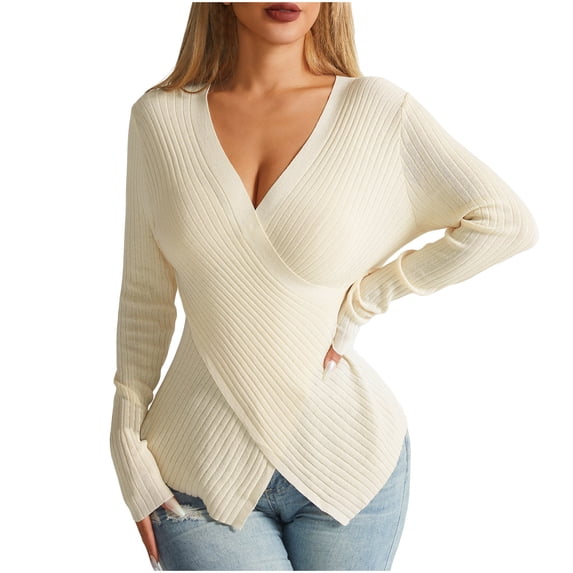 Yuzhih Women's V Neck Wrap Sweaters Cross Long Sleeve Ribbed Knit Tops Slim Solid Color 2024 Fall Sweater