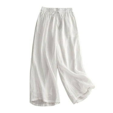 Yuzhih Women's Wide Leg Cotton Linen Capris High Waisted Casual Palazzo Pants with Pockets Trendy Solid Capri Trousers