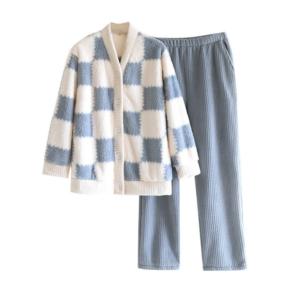 Yuzhih Women’s Winter Fuzzy Pajama Set Fleece Button Top Loose Plush Lounge Sets Sleepwear 2 Piece Pjs Set