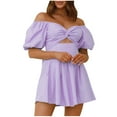 thumbnail image 1 of Yuzhih Women y Mini Dress Cold Shoulder Short Lantern Sleeve Dress Trendy Casual Crossover Front Short Dress, 1 of 6