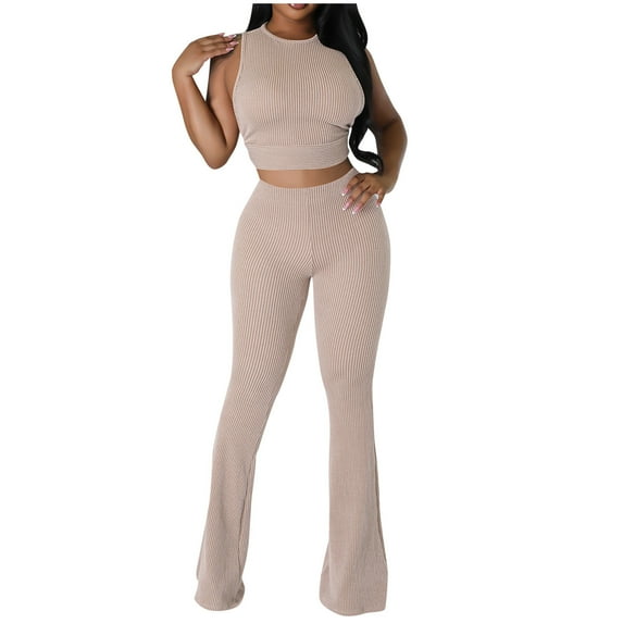 XuJwPNcy Womens 2 Piece Lounge Sets Sleeveless Cropped Tops and Bell Bottom Pants Ribbed Knit Lounge Outfits