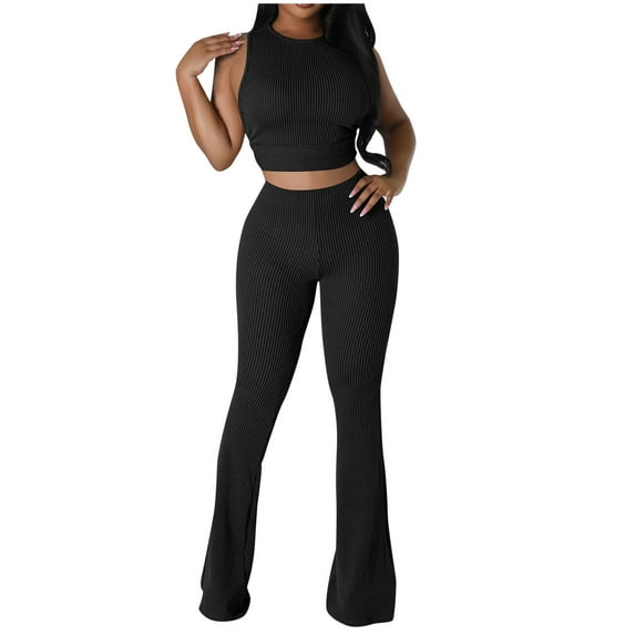 Yuzhih Womens 2 Piece Lounge Sets Sleeveless Cropped Tops and Bell Bottom Pants Ribbed Knit Lounge Outfits