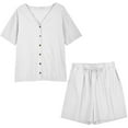 thumbnail image 1 of Yuzhih Womens 2 Piece Outfit Cotton Linen Lounge Set V Neck Short Sleeve Shirts High Waist Shorts with Drawstring, 1 of 7