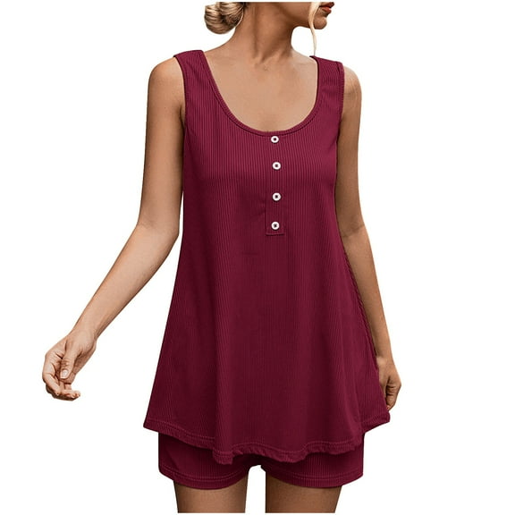 XuJwPNcy Womens 2 Piece Outfits Trendy Summer Sets Printed Sleeveless Shirts and Shorts Set with Pockets