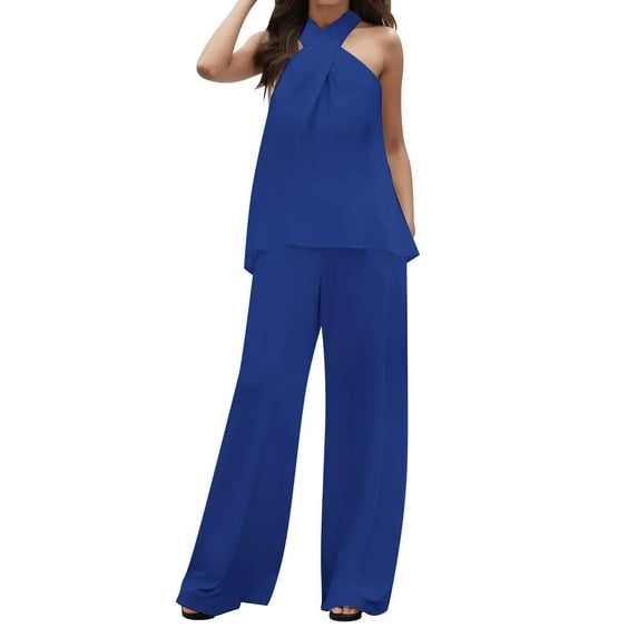 Yuzhih Womens 2 Piece Outfits Flowy Cross Sleeveless Tops Long Wide Leg Pant Lounge Set Summer Elegant Vacation Outfits