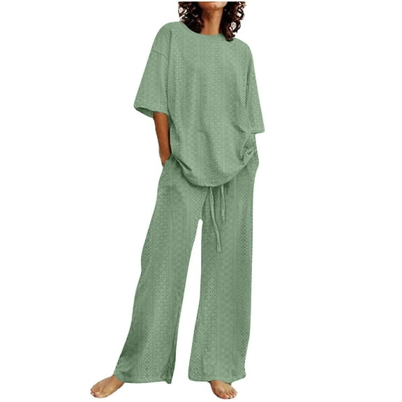 Yuzhih Womens 2 Piece Outfits Round Neck Half Sleeve Top and Drawstring Wide Leg Long Pants Lounge Sleepwear Pjs Set
