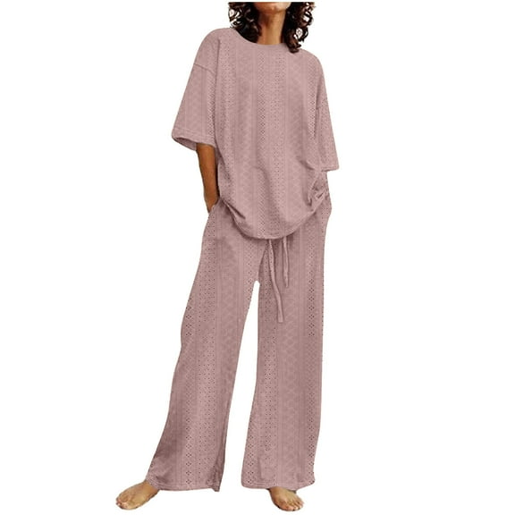 XuJwPNcy Womens 2 Piece Outfits Round Neck Half Sleeve Top and Drawstring Wide Leg Long Pants Lounge Sleepwear Pjs Set