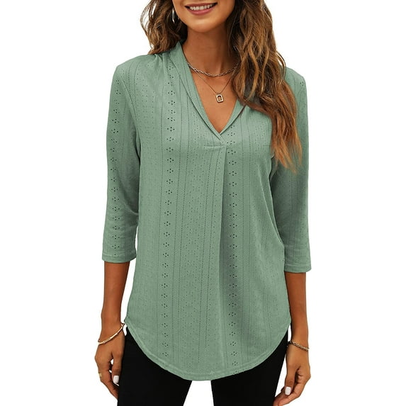 Miselon Womens 3/4 Sleeve Tunic Tops Eyelet V Neck Blouses Loose Fit Business Casual Work Shirts Green X-Large